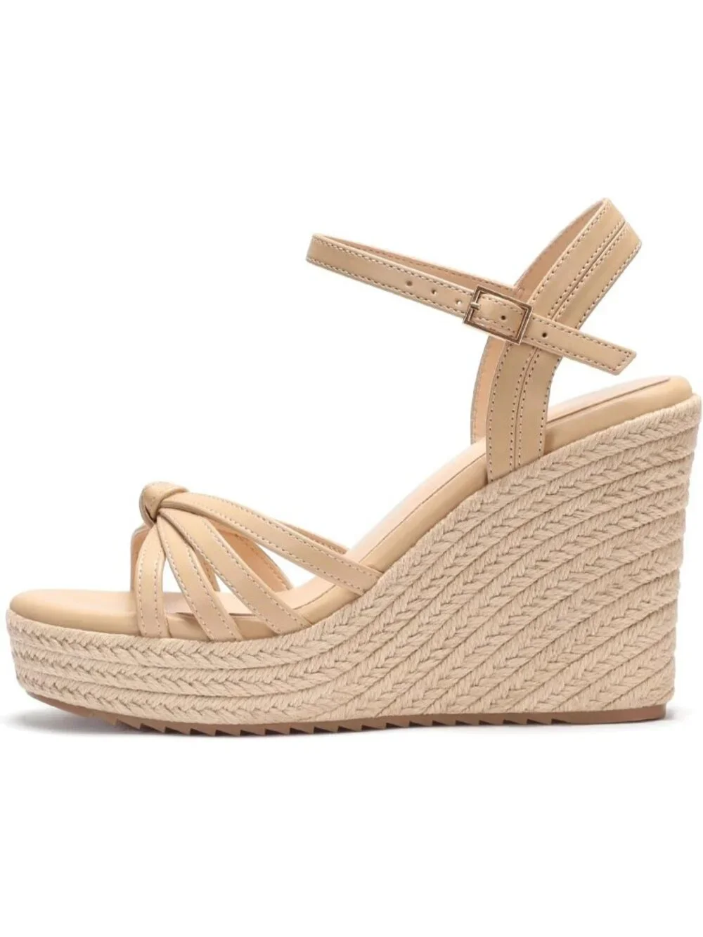 Women's Apricot PU Platform Espadrille Wedge Sandals Open Toe Ankle Strap Heels